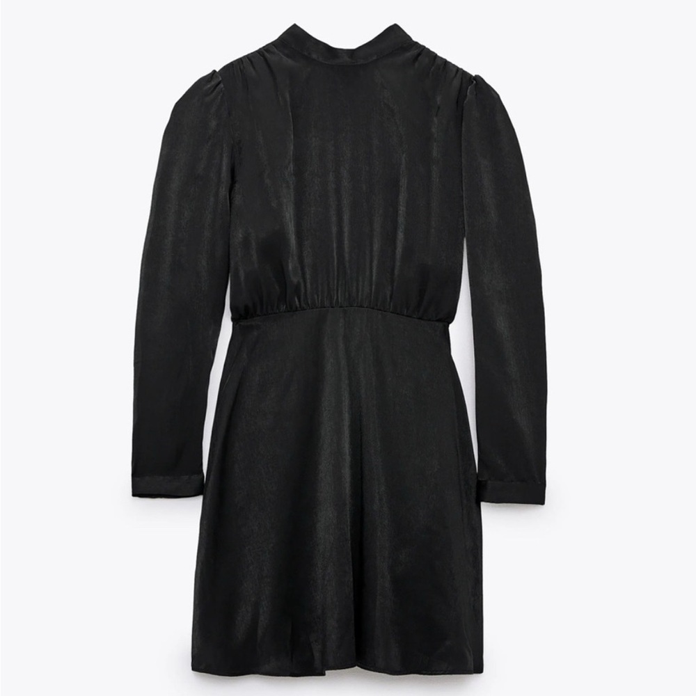 NWT - ZARA Mock Neck Black Long Sleeve Satin Mini Dress with Jewel Buttons
